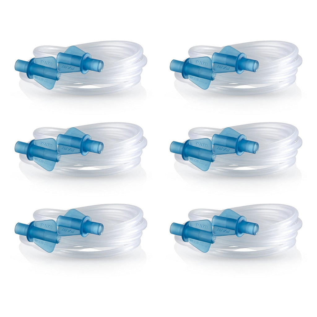 Set of six clear tubes with blue connectors on a white background