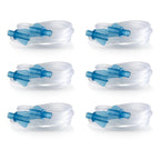 Set of six clear tubes with blue connectors on a white background
