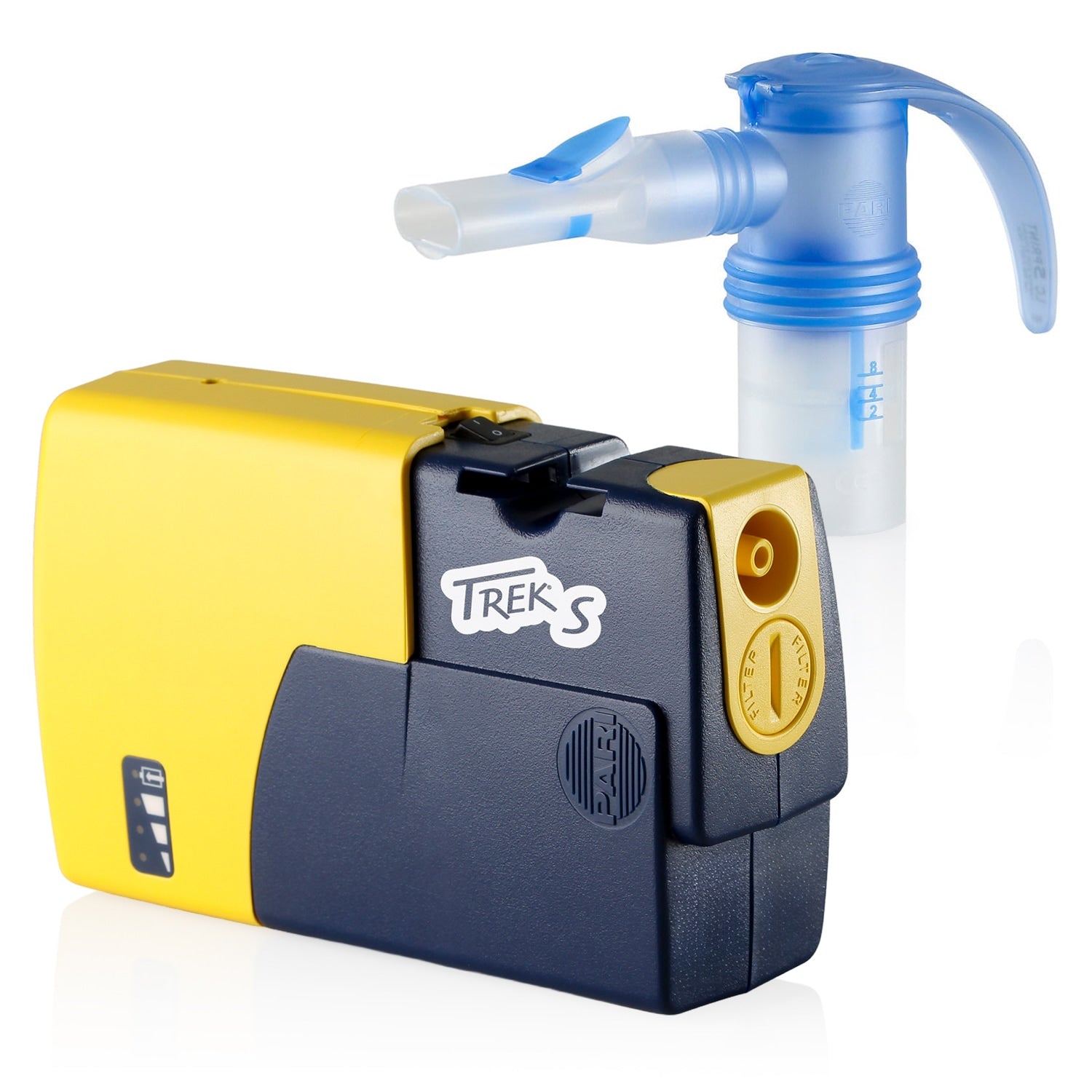 Yellow and blue nebulizer with 'Trek's' branding on a white background