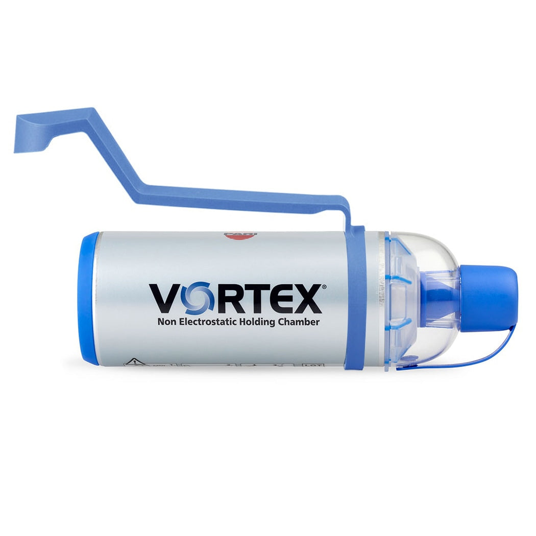 pari vortex valved holding chamber with one handed operation aid