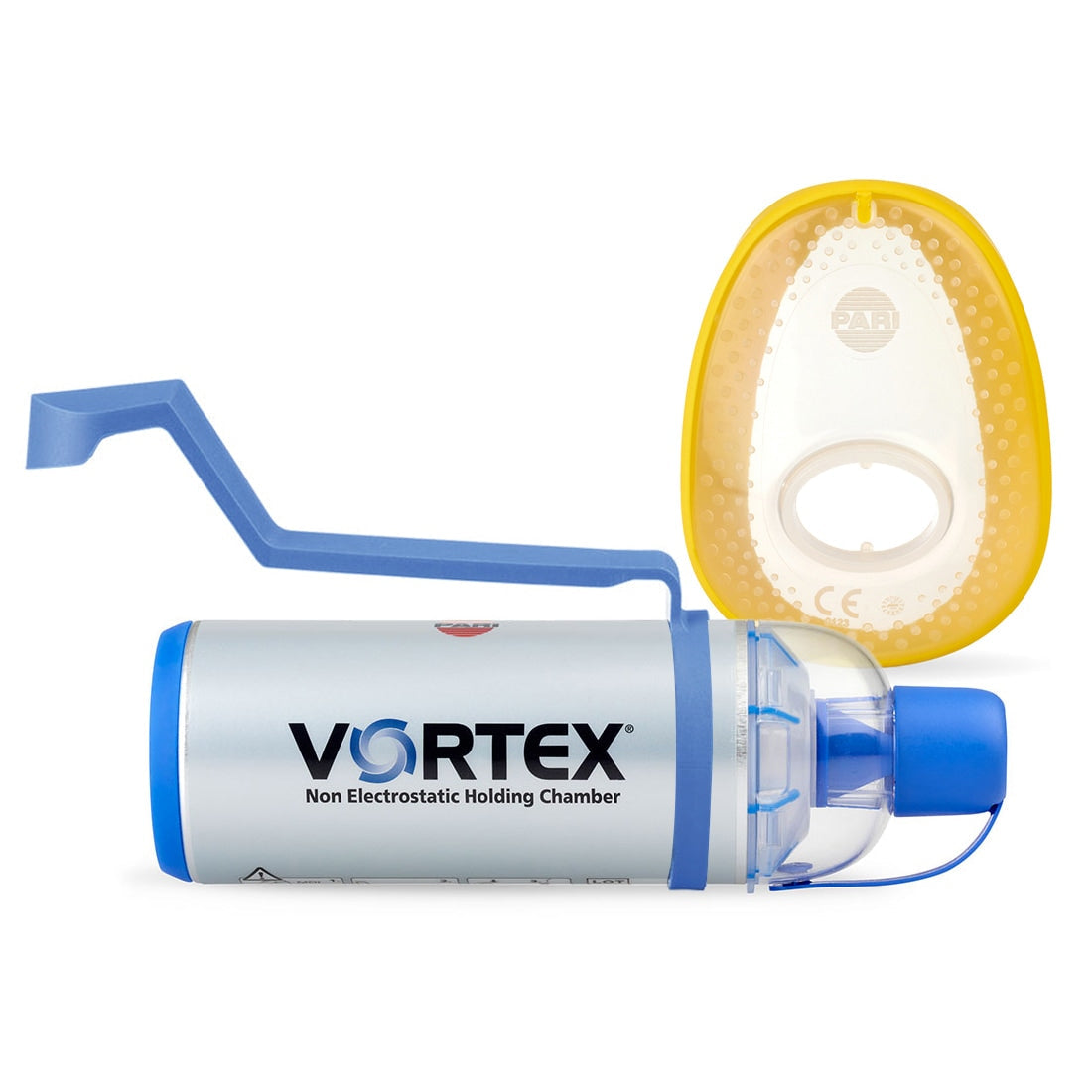 pari vortex valved holding chamber with medium pediatric mask and one handed operation aid