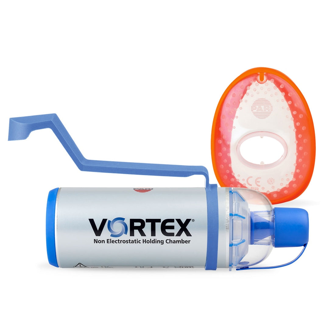 pari vortex valved holding chamber with small pediatric mask and one handed operation aid