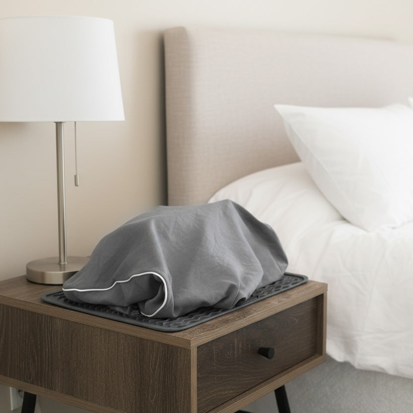 Gray CPAP dust cover on wooden nightstand next to a bed with white bedding.