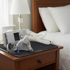 CPAP machine and mask on a nightstand next to a bed