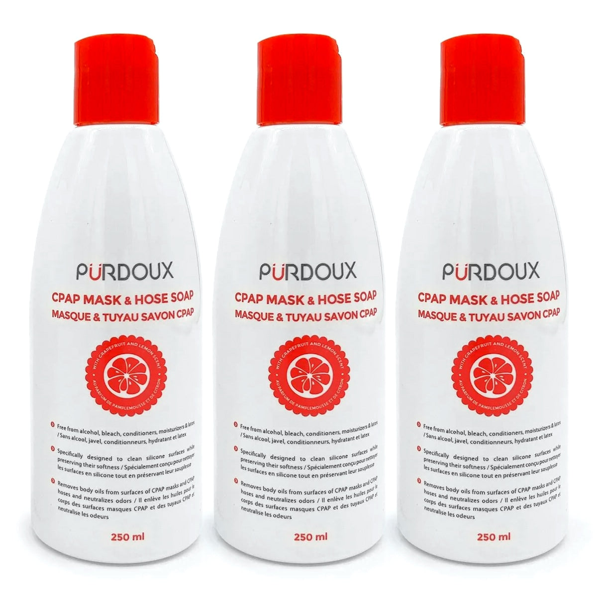 3 pack of purdoux grapefruit and citrus naturally scented cpap mask and hose soap