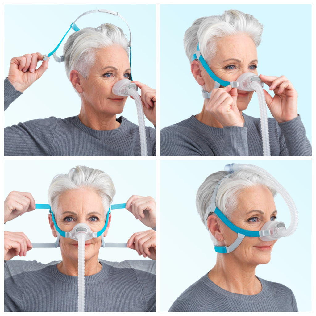 Step-by-step guide on how to use a Nova Nasal CPAP mask with a person wearing it.