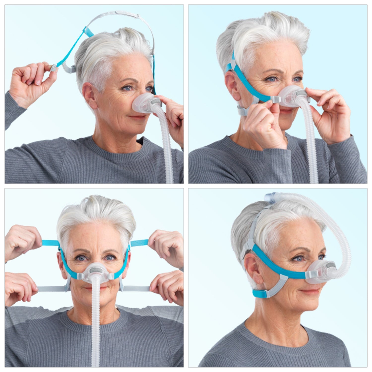 Step-by-step guide on how to use a Nova Nasal CPAP mask with a person wearing it.