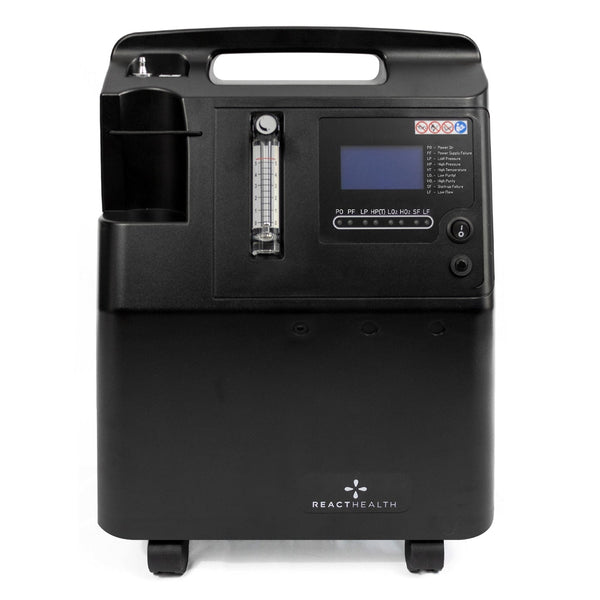 Black oxygen concentrator with digital display on a white background, featuring the ReactHealth logo.
