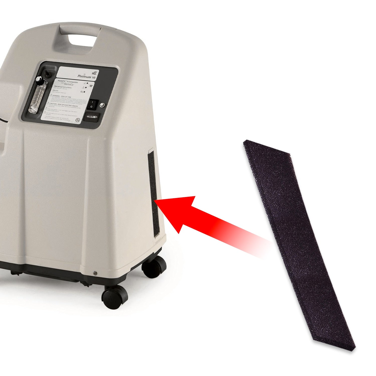 React Platinum 10 oxygen concentrator with a black strap and red arrow pointing to it on a white background