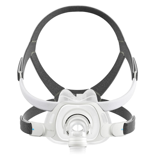 A full face CPAP mask with headgear, predominantly gray and white, with a visible ResMed brand tag.