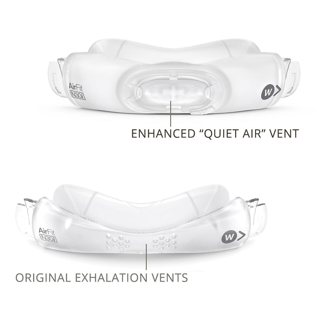 Cradle nasal cushion with labeled 'Enhanced Quiet Air Vent' and 'Original Exhalation Vents' on a white background