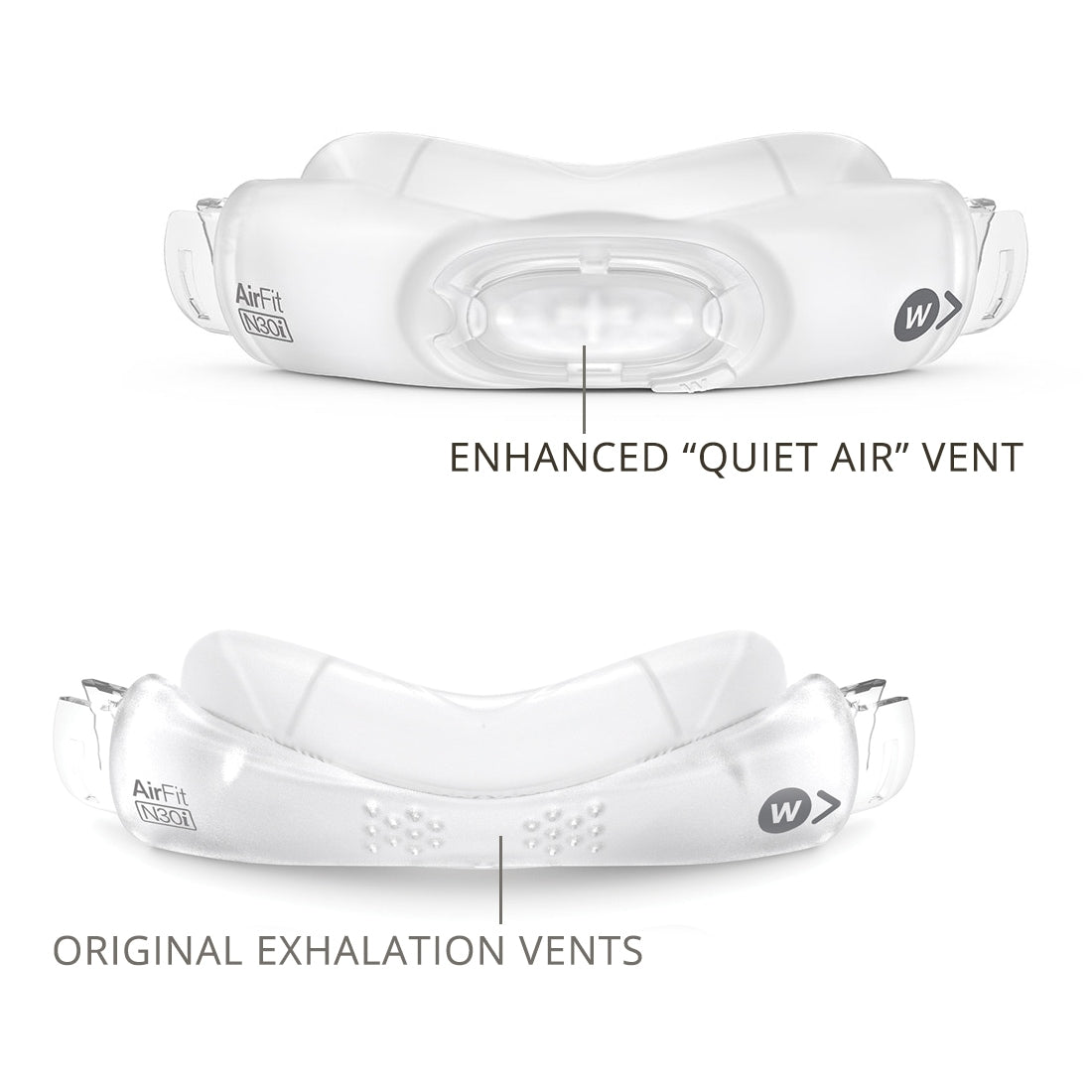 Cradle nasal cushion with labeled 'Enhanced Quiet Air Vent' and 'Original Exhalation Vents' on a white background