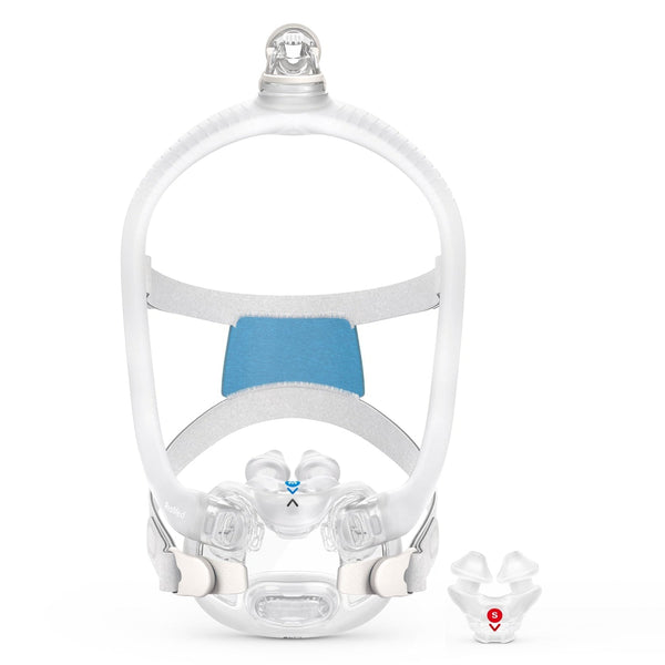 White CPAP mask with blue cushion on a white background