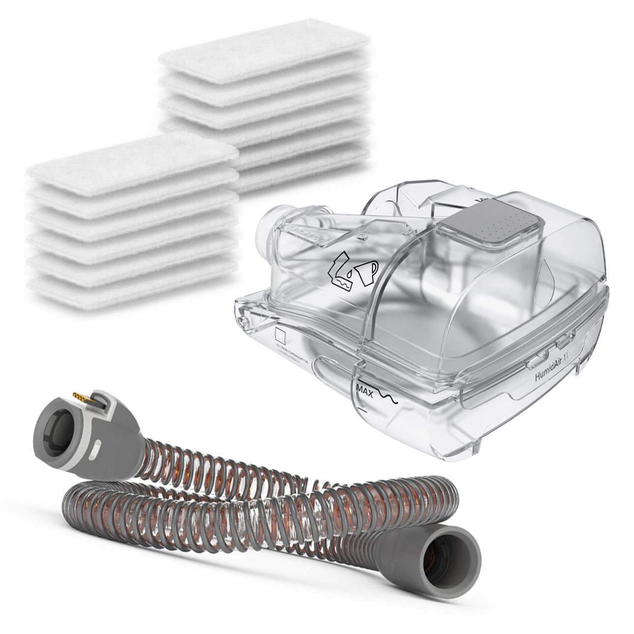 CPAP machine components including mask, hose, and filters on a white background
