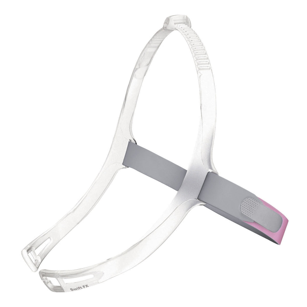 Clear face mask with gray and pink straps on a white background