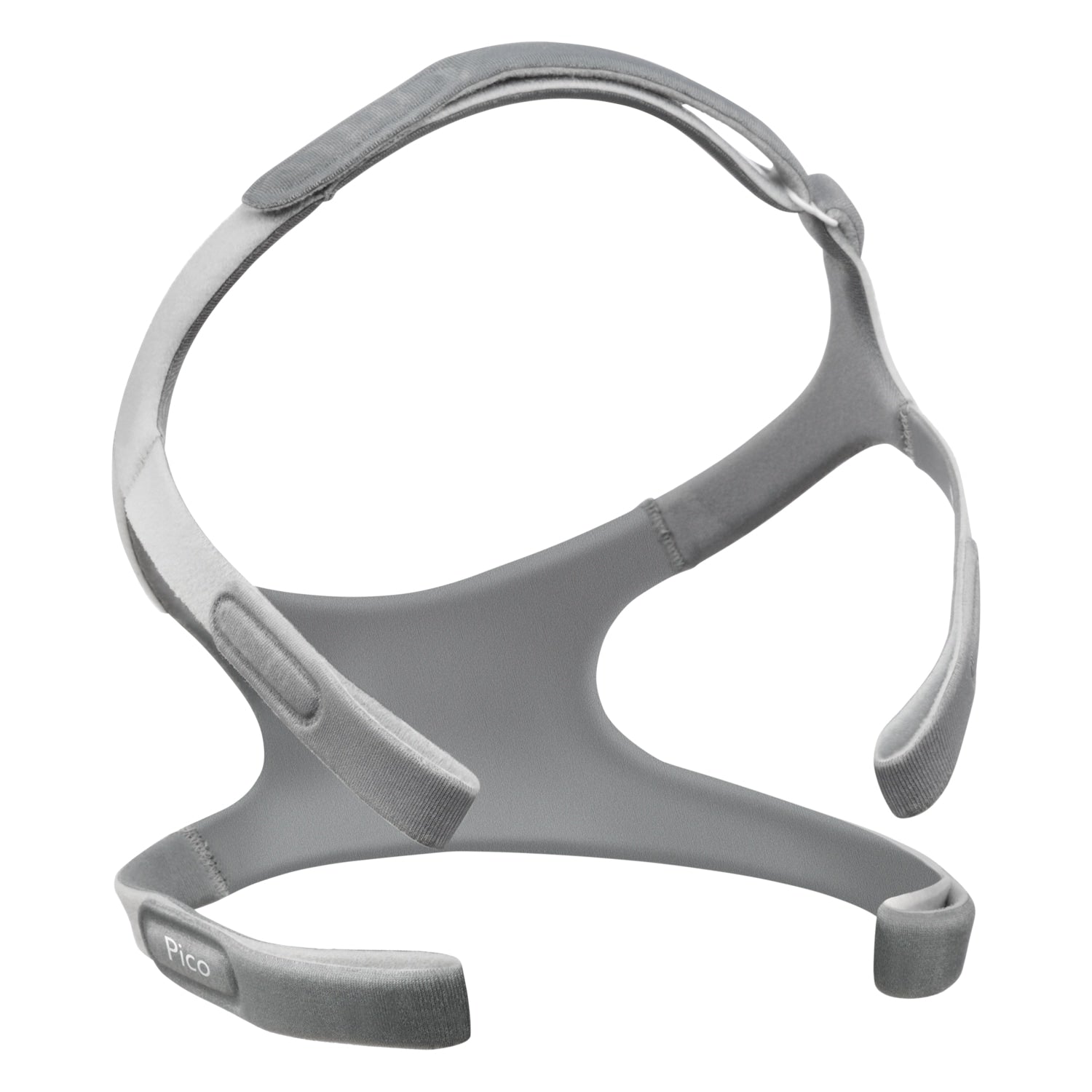 Gray CPAP headgear on a white background