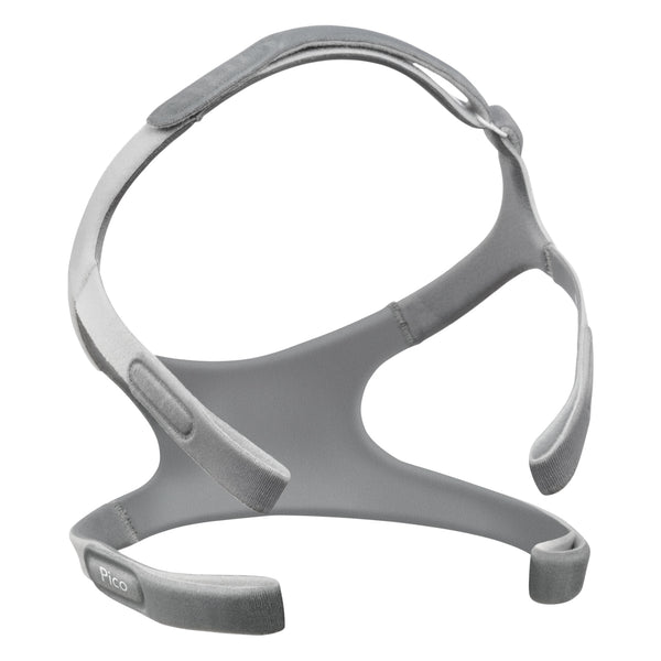 Gray CPAP headgear on a white background