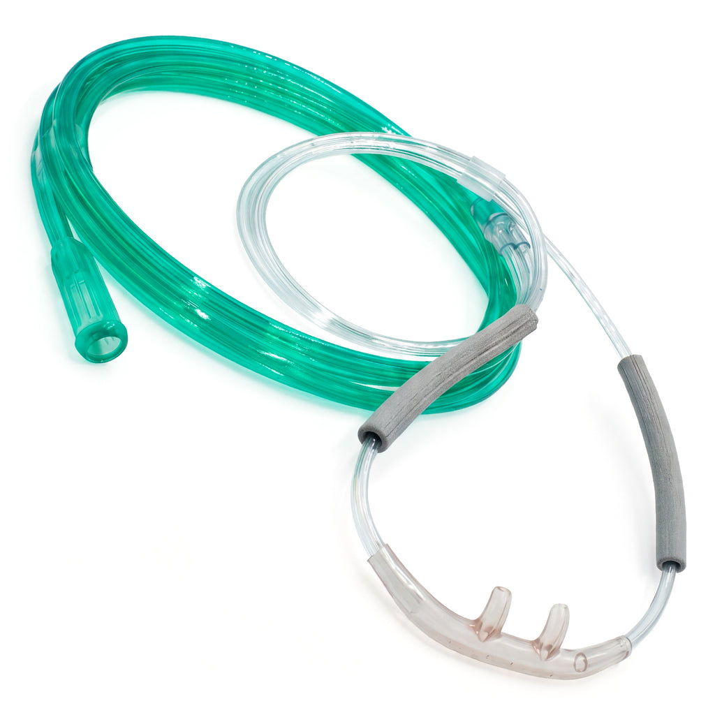 salter oxygen cannula with clear and green tubing and comfort wraps on a white background