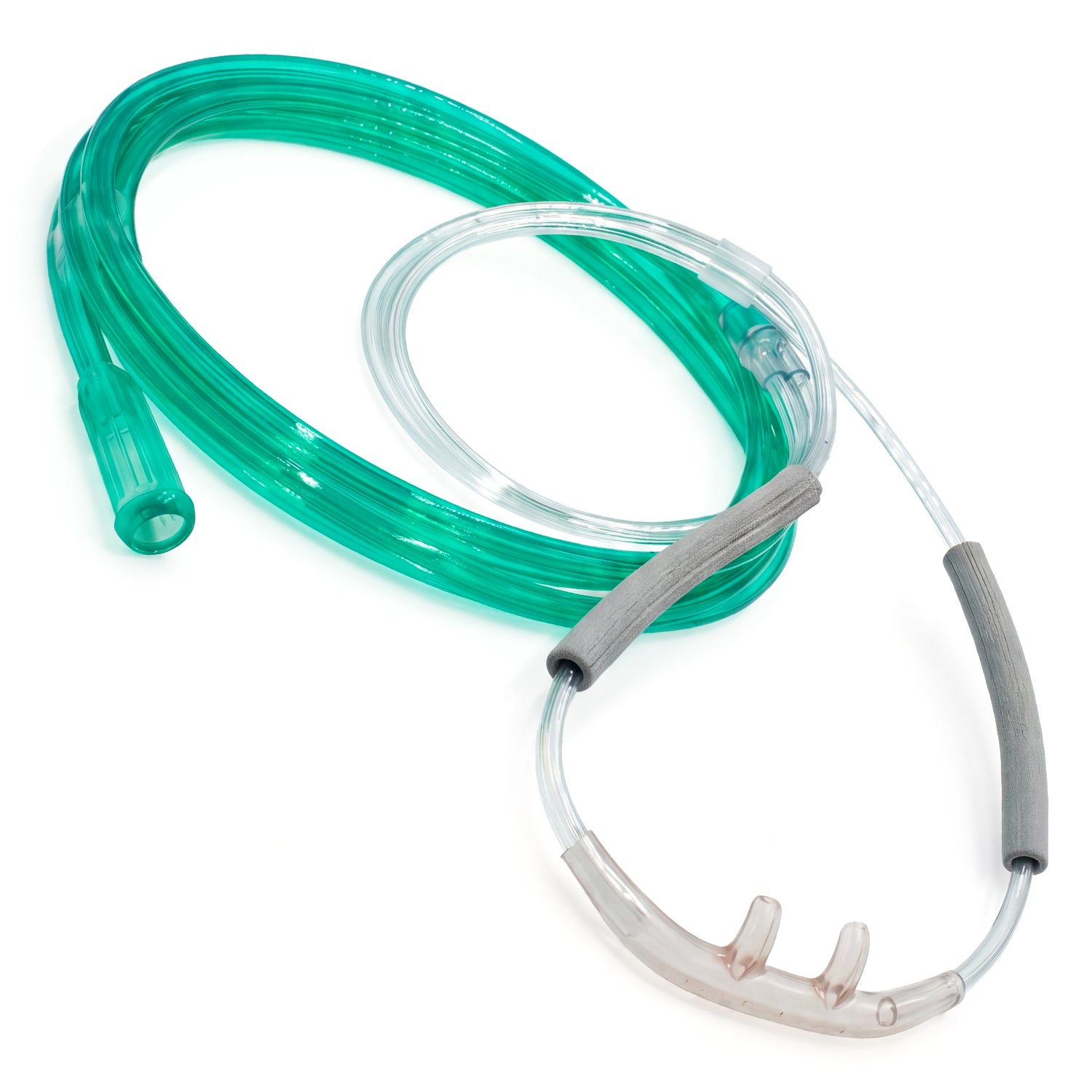 salter oxygen cannula with clear and green tubing and comfort wraps on a white background