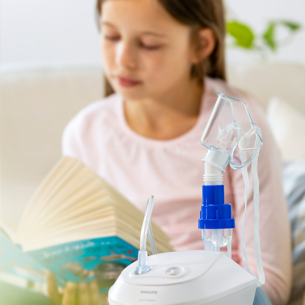 sidestream pediatric aerosol mask shown on innospire compressor