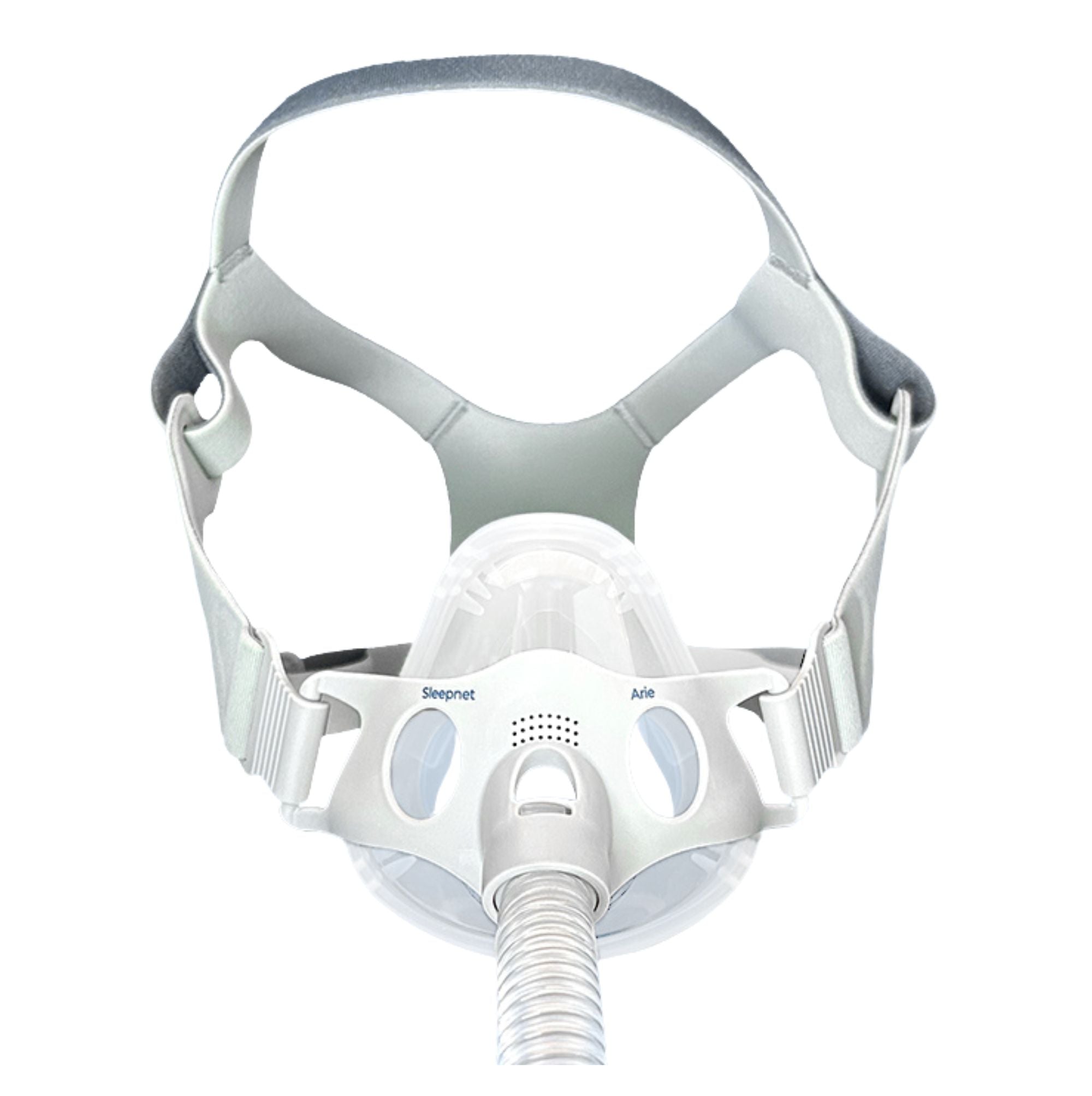 White CPAP mask with gray headgear on a white background