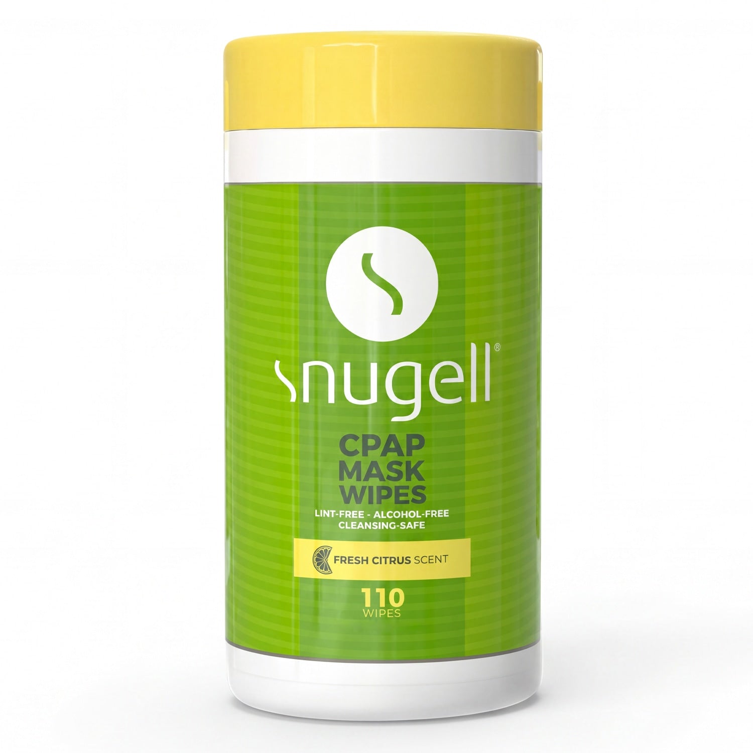 Snugell CPAP mask wipes container with green label and yellow lid on a white background