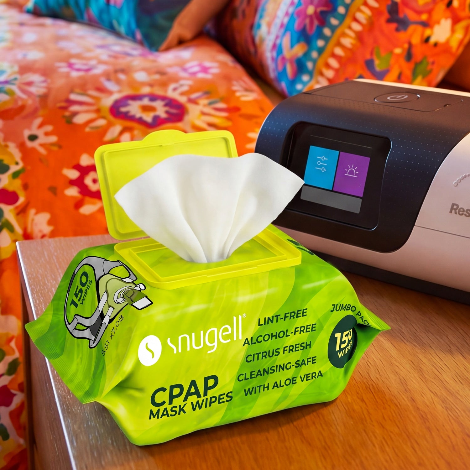 Green container of CPAP mask wipes  placed on a wooden surface with a colorful blanket in the background.
