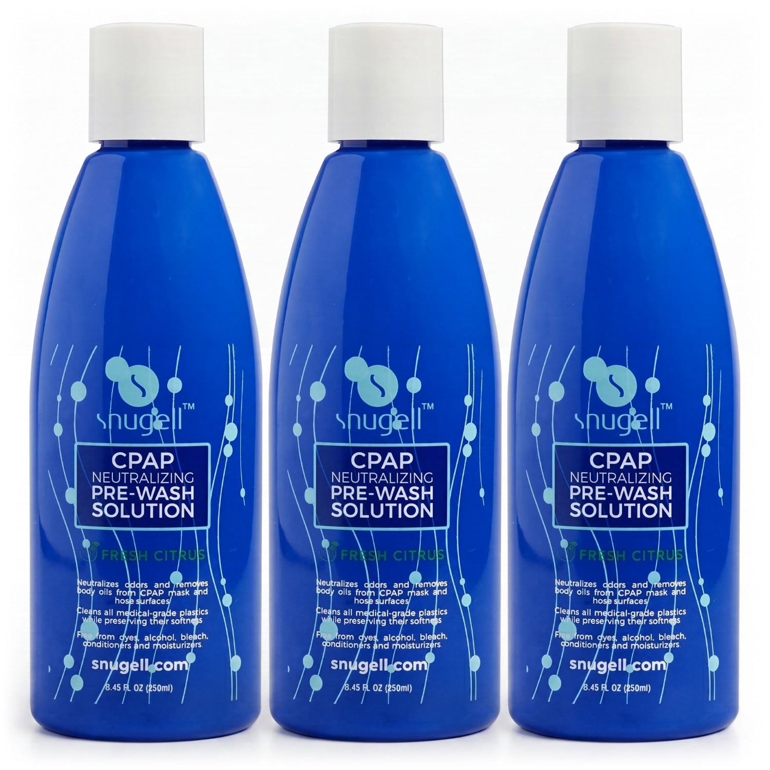 Three bottles of Shugell CPAP Neutralizing Pre-Wash Solution on a white background