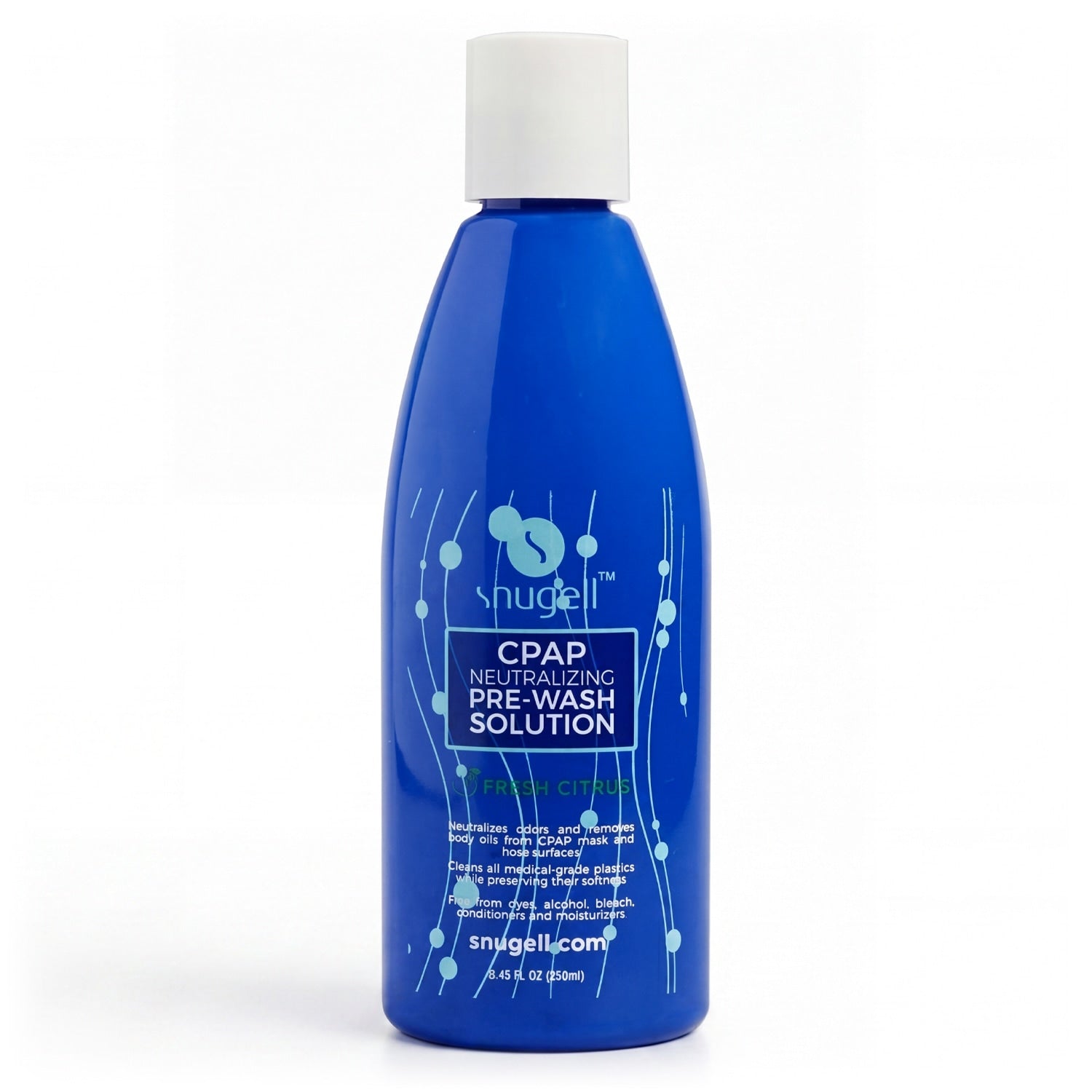 Blue bottle of Shugell CPAP neutralizing pre-wash solution on a white background