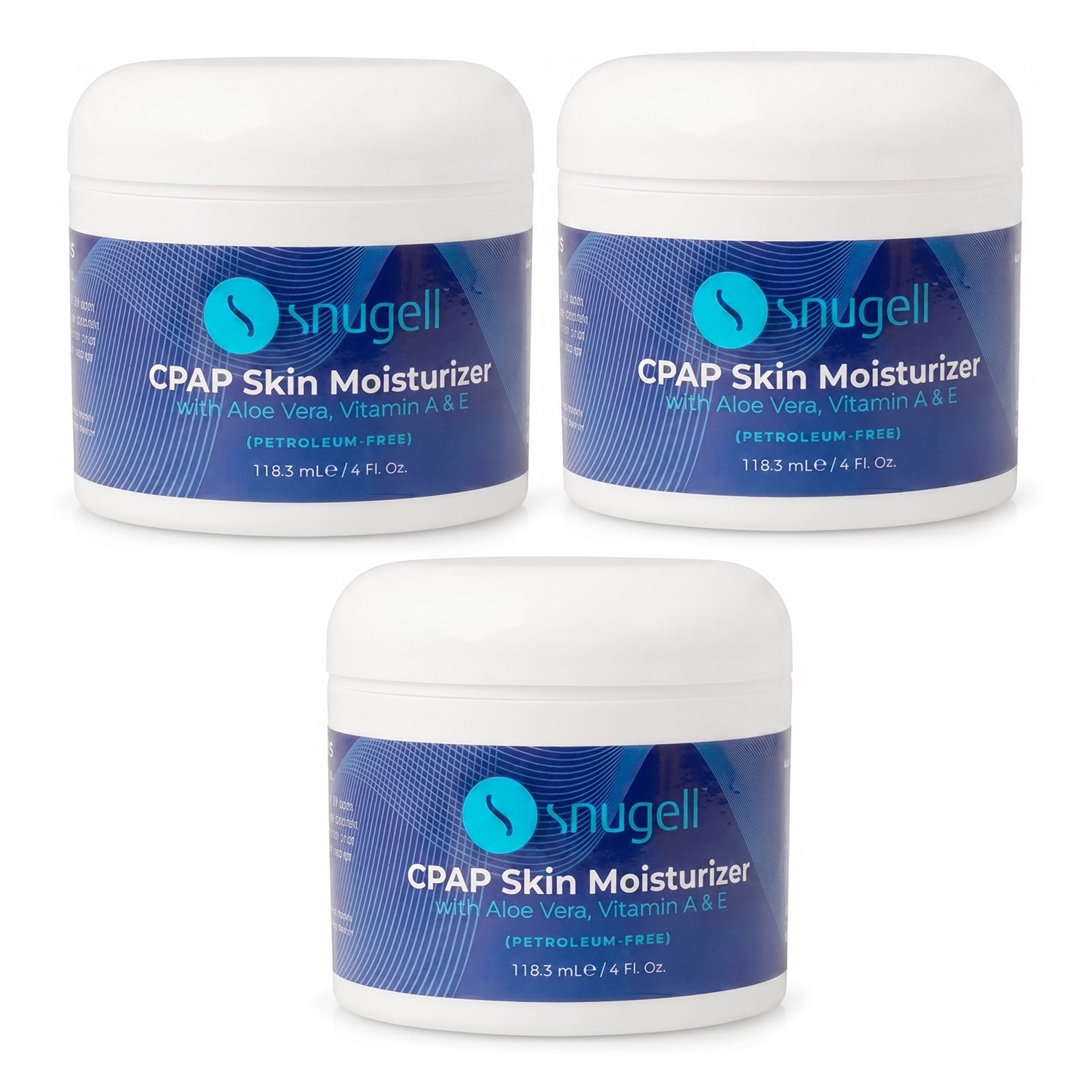 Three jars of Snugell CPAP Skin Moisturizer on a white background