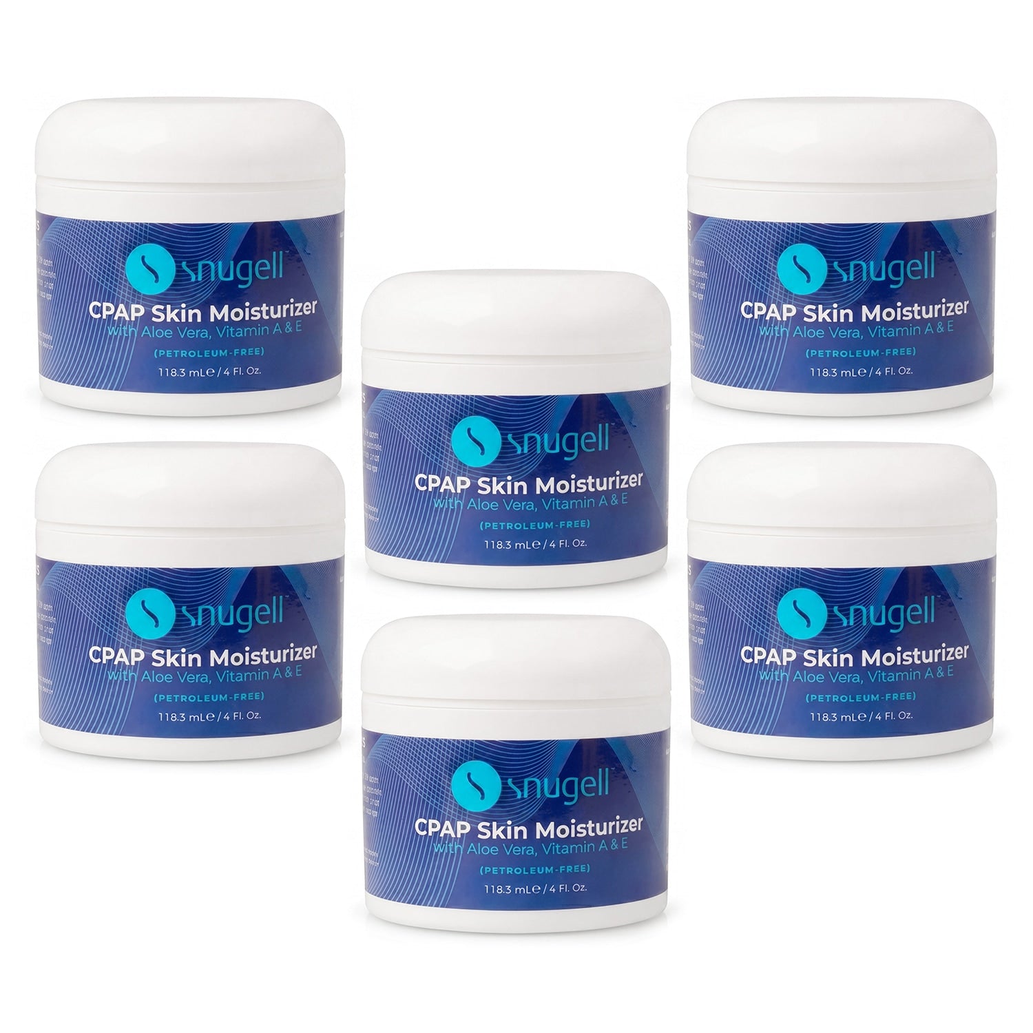 Six jars of Snugell CPAP Skin Moisturizer on a white background