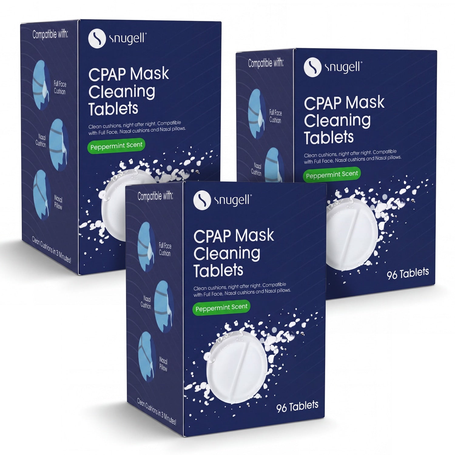 Three boxes of Snugell CPAP Mask Cleaning Tablets on a white background