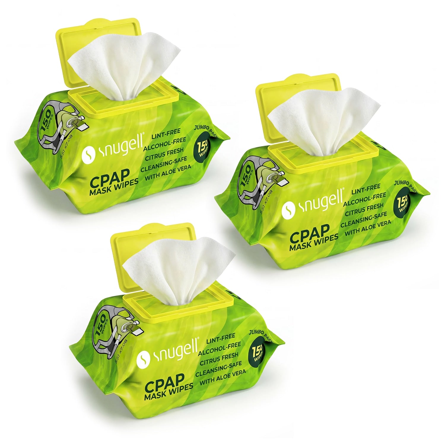Three open packages of Nugell CPAP mask wipes on a white background