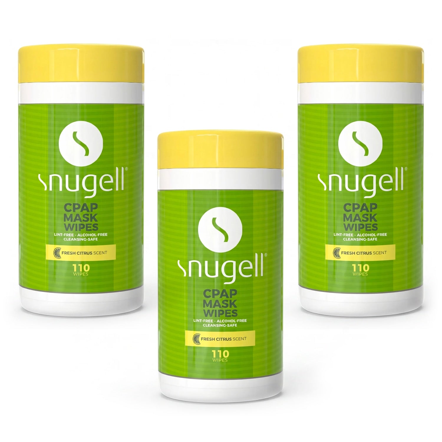 Three containers of Nugell CPAP mask wipes with green labels and yellow lids on a white background.