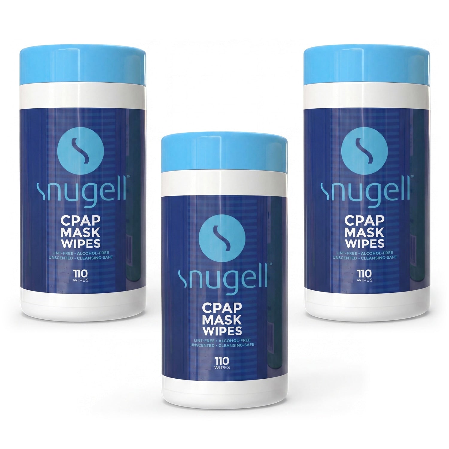 Three containers of Snugell CPAP mask wipes on a white background