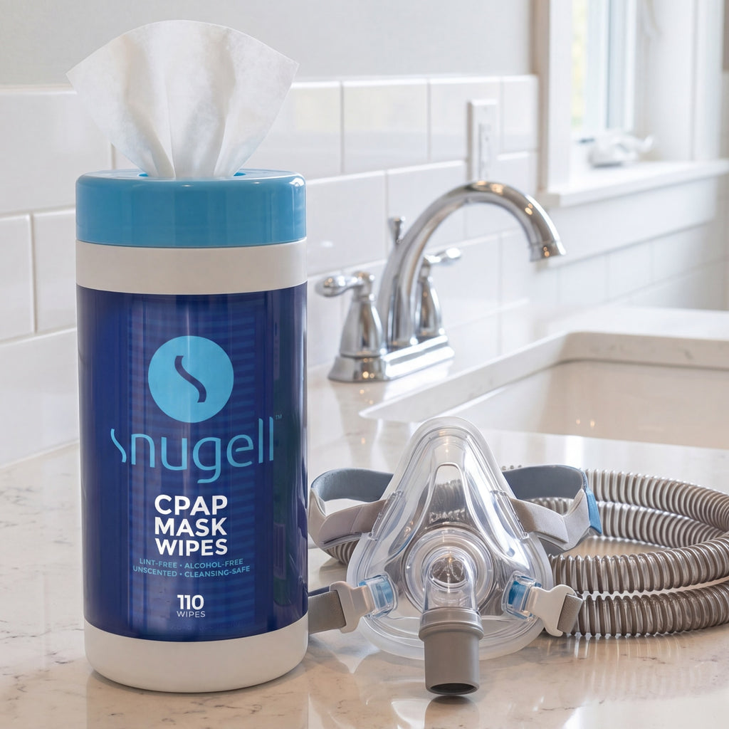 Snugell CPAP mask wipes container with a CPAP mask and hose on a bathroom counter.