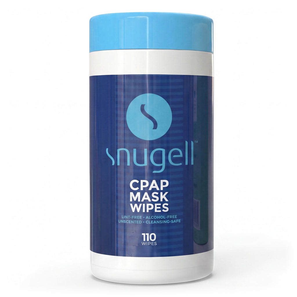 snugell CPAP mask wipes container with blue and white design on a white background
