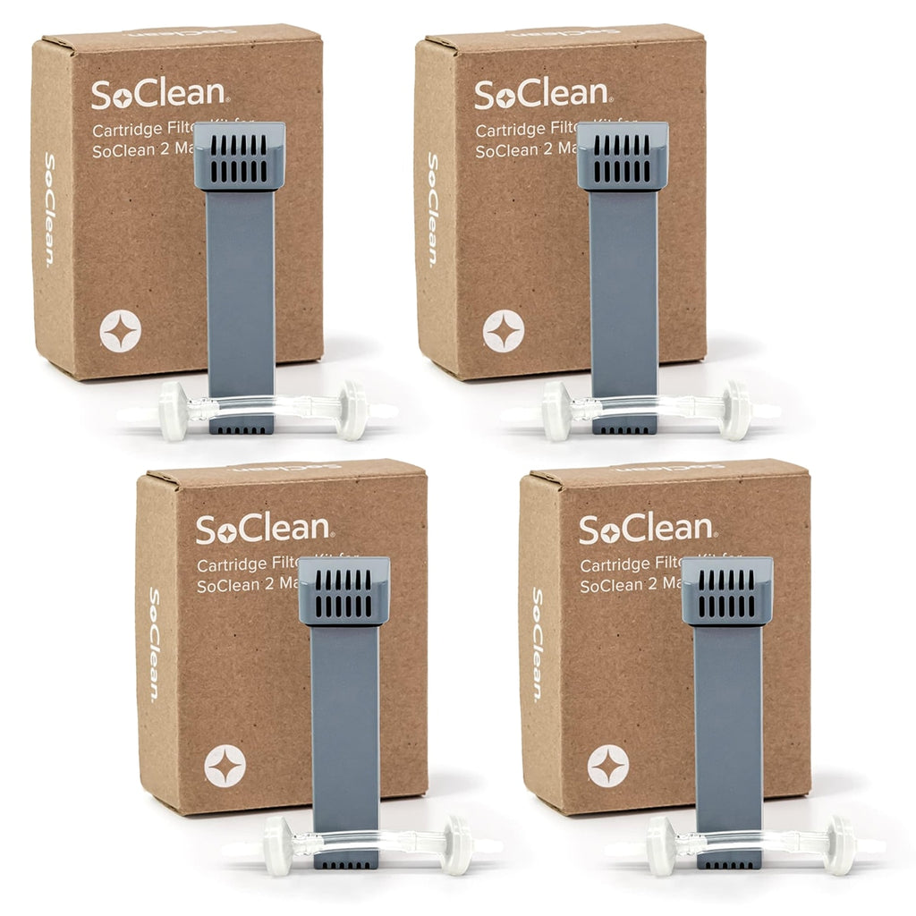 Four SoClean cartridge filters with packaging on a white background