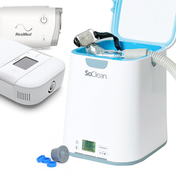 ResMed CPAP machine and SoClean device on a white background