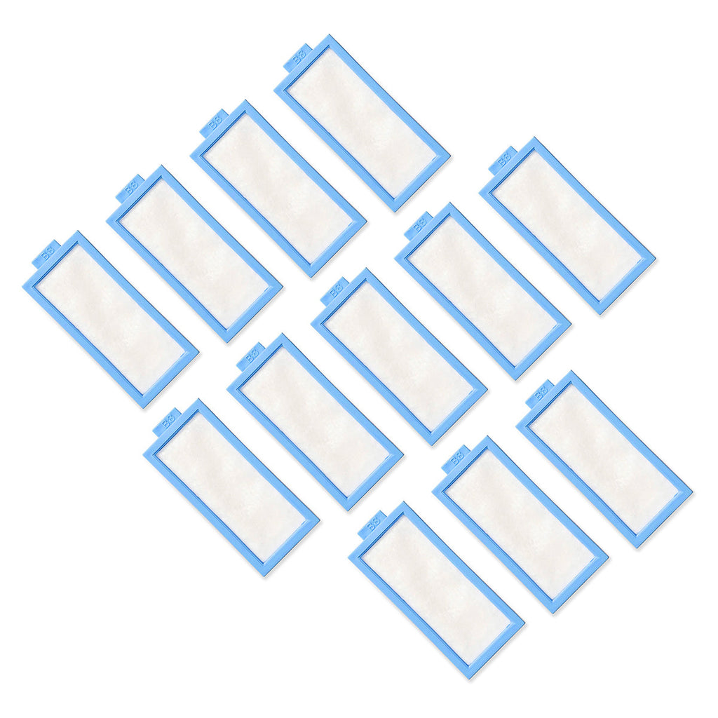 12 pack of white filters with blue edges arranged in a diamond pattern on a white background