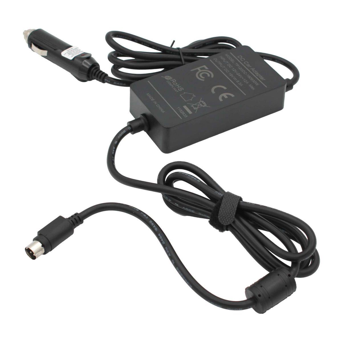 Black car cigarette lighter power adapter with a DC barrel connector, shown on a white background.
