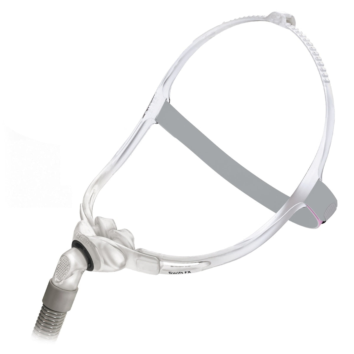 A Respironic CPAP mask with a clear plastic headband, gray cushion, and gray mouthpiece connector with a breathing tube, shown on a white background.
