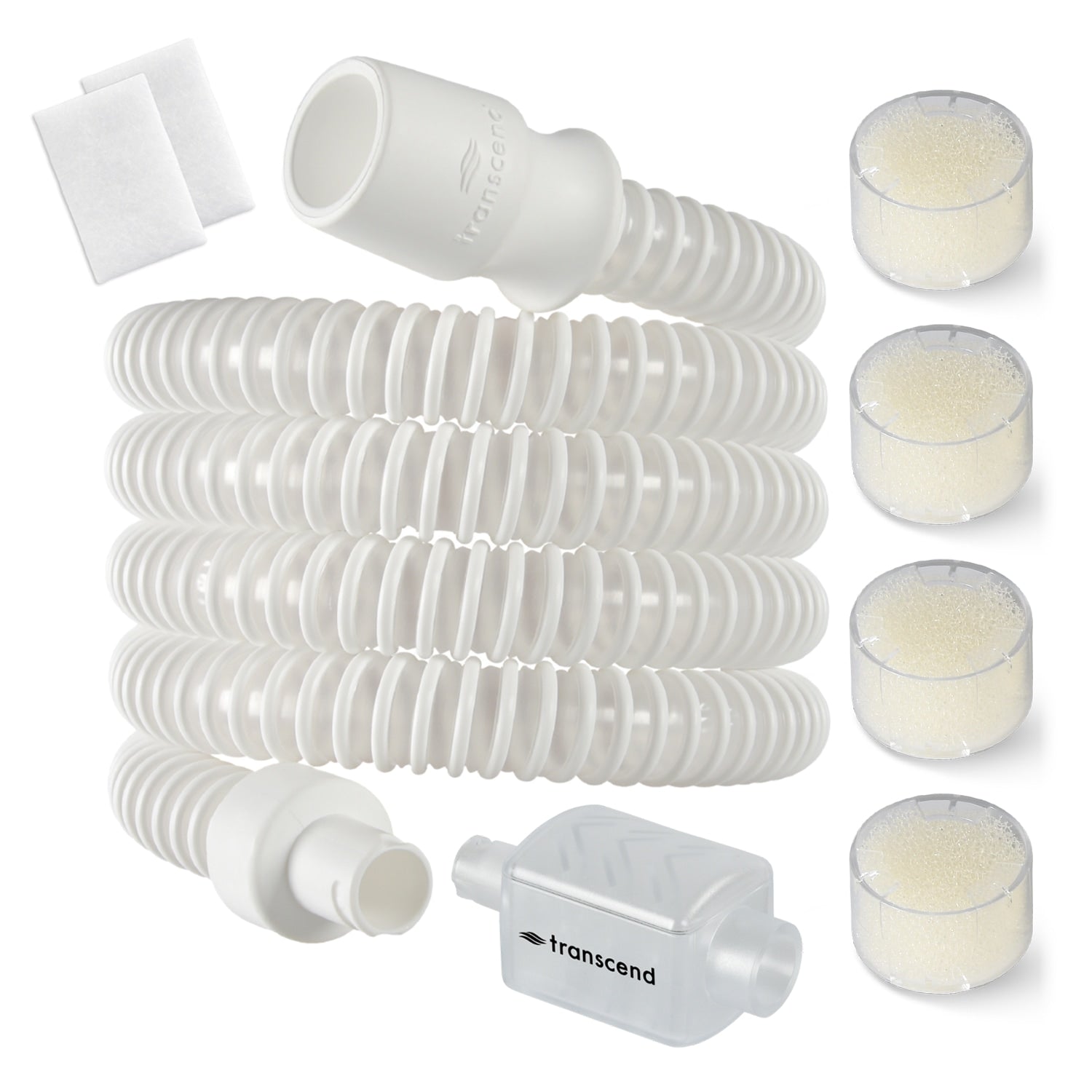 CPAP hose set with connectors and filters on a white background