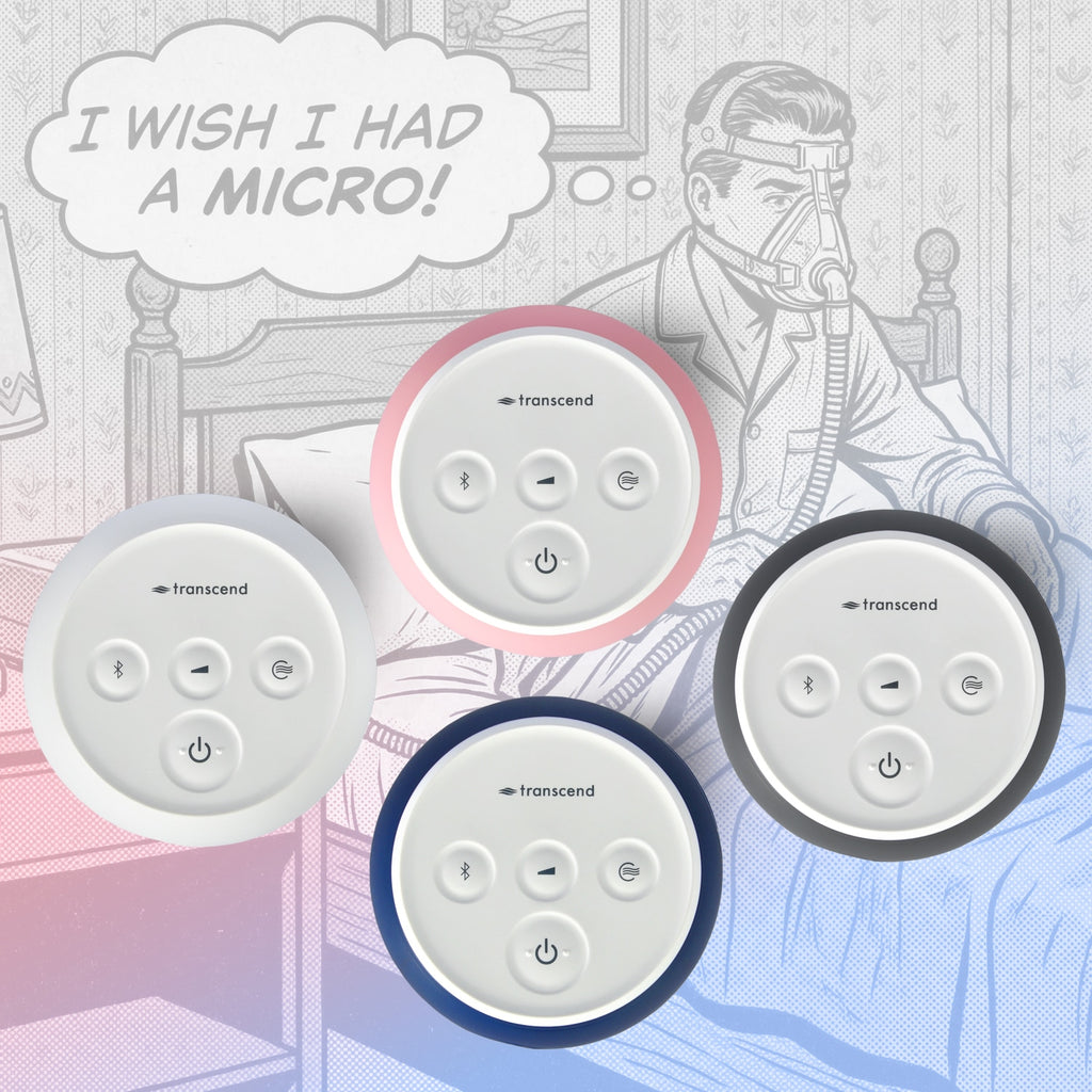 Transcend Micro 510 Auto CPAP device in various colors on a white background with text 'Now In Color!'.