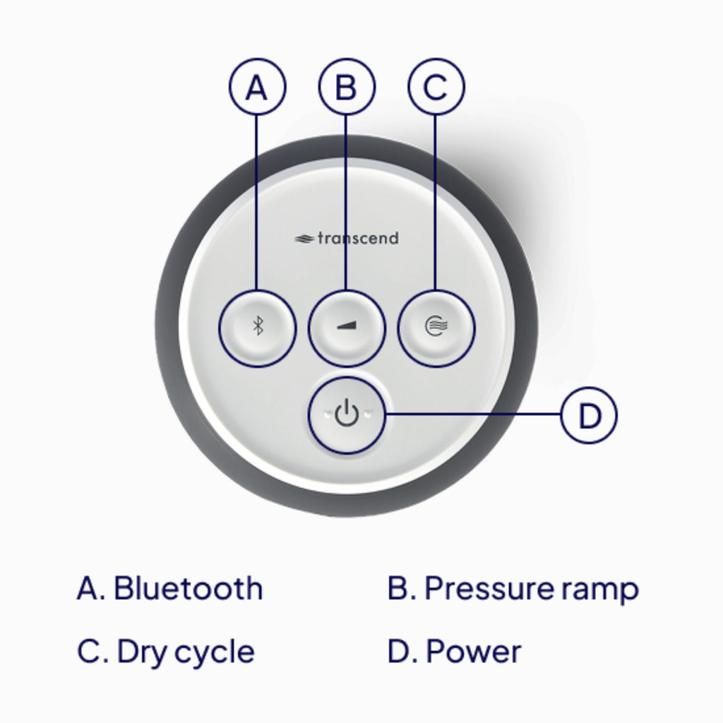 Control panel on a Transcend Micro CPAP with labeled buttons for Bluetooth, pressure ramp, dry cycle, and power on a white background.
