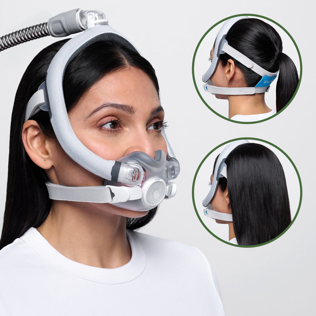 Woman wearing a CPAP mask with close-up insets showing different hairstyle options